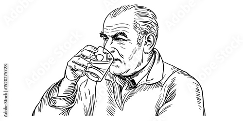 Vintage engraved illustration of a thoughtful man savoring his drink in a cozy setting