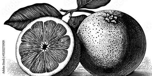 Engraved vintage illustration of citrus fruits showcasing intricate details and elegance
