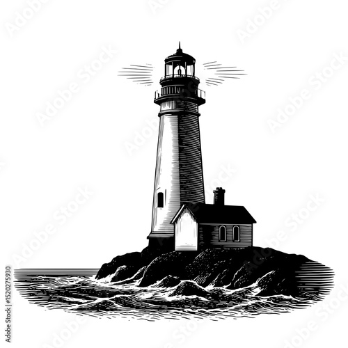 Vintage engraved lighthouse emblem design featuring intricate details and classic style for maritime enthusiasts