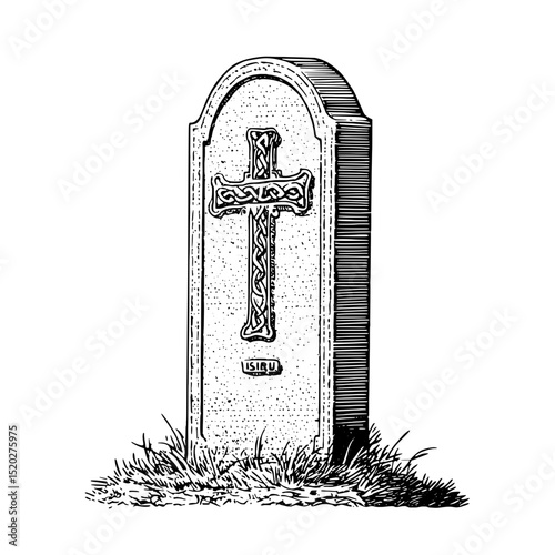 Elegant vintage engraved emblem featuring a cross on a weathered gravestone amidst lush grass for artistic inspiration