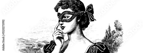 Elegant vintage engraved illustration of a woman in a mask with a mysterious pose, perfect for design enthusiasts