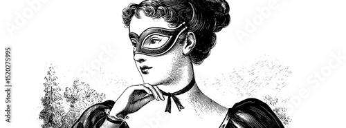 Vintage engraved illustration depicting a mysterious woman in a masquerade mask with an elegant pose and classic attire from a bygone era