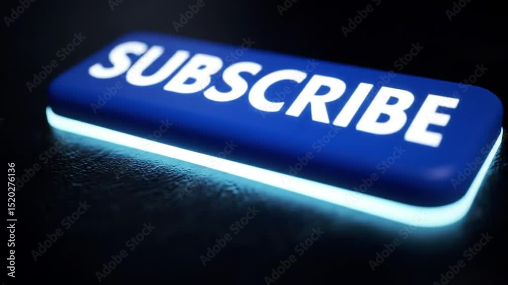 A close up of a blue subscribe button with white text and glowing edges on a dark background