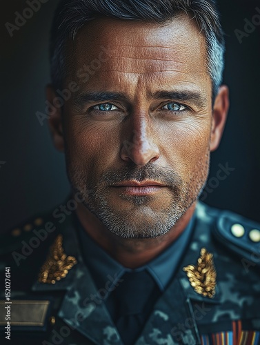 Military Officer Portrait. Strong, Serious Veteran with Powerful Expression and Medals
