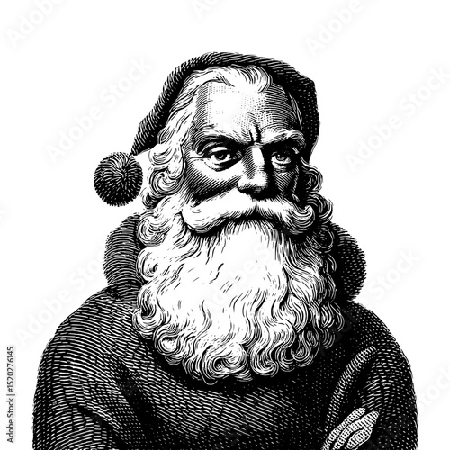 Classic engraved illustration of a vintage Santa Claus figure with a detailed beard and festive attire capturing the spirit of the holiday season