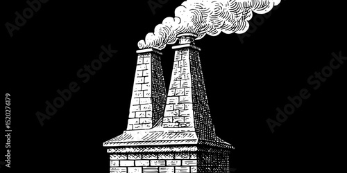 Engraved vintage emblem featuring twin chimneys and billowing smoke for artistic design projects