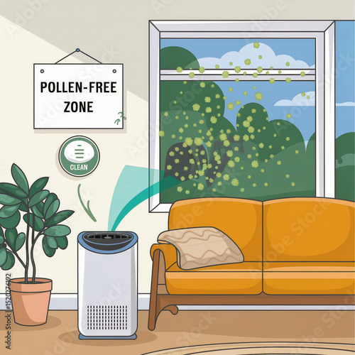 Clean Indoor Air – “Pollen-Free Zone” Cartoon Allergy Awareness Illustration