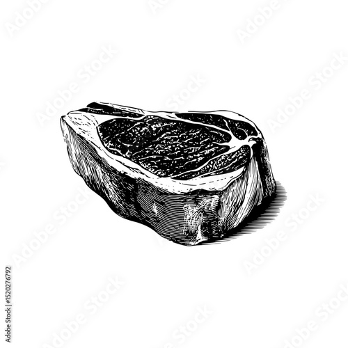 Vintage engraved illustration of a rib steak showcasing intricate details in design and craftsmanship from a classic collection