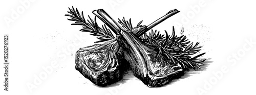 Vintage engraved illustration of lamb chops garnished with fresh herbs, showcasing culinary artistry and timeless design