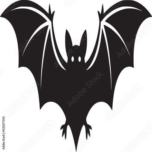 A black bat silhouette with outstretched wings and glowing eyes on a white background illustration