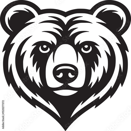 A striking black and white illustration of a bear's head with a minimalist and bold design style