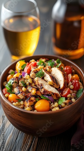 Grilled chicken and orzo pasta salad with cherry tomatoes, red onion, and fresh herbs in a wooden bowl