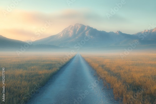 Mountain Road Journey. Scenic Mountainous Landscape View with Serene Nature and Misty Horizon