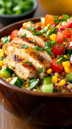 Grilled chicken breast atop a vibrant mix of couscous, corn, cucumber, tomato, and red onion in a rustic wooden bowl
