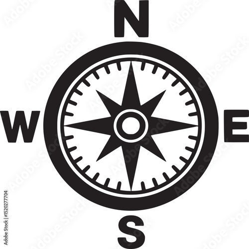 A black and white compass rose with north south east and west directions on a white background graphic