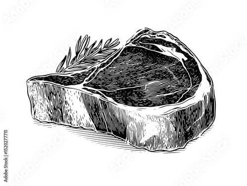 Vintage engraved illustration showcasing a beautifully rendered cut of meat with intricate detailing and artistic flair
