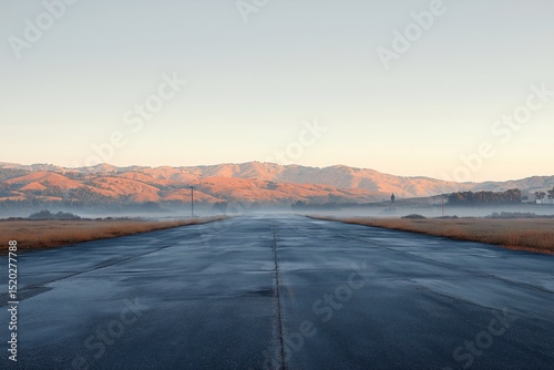 Scenic Mountain Road Journey at Dawn. Serene Landscape with Misty Morning Fog and Horizon