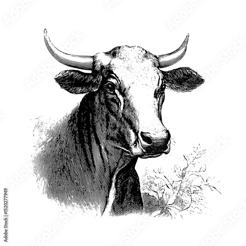Classic engraved illustration of a vintage bull head in a rustic setting, celebrating the charm of traditional farm life and animal artistry