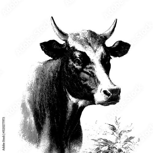 Vintage engraved illustration of a cow in a rustic setting highlighting nature and farm life from a bygone era