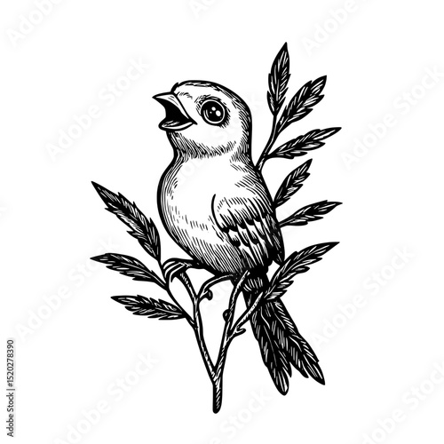 Vintage engraved illustration of a singing bird perched on a branch surrounded by leaves in a whimsical design