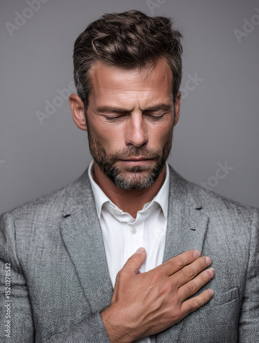 male leader with hand over heart, sincerity and emotion 