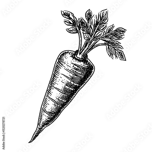 Vintage engraved illustration of a carrot showcasing intricate details and a classic design