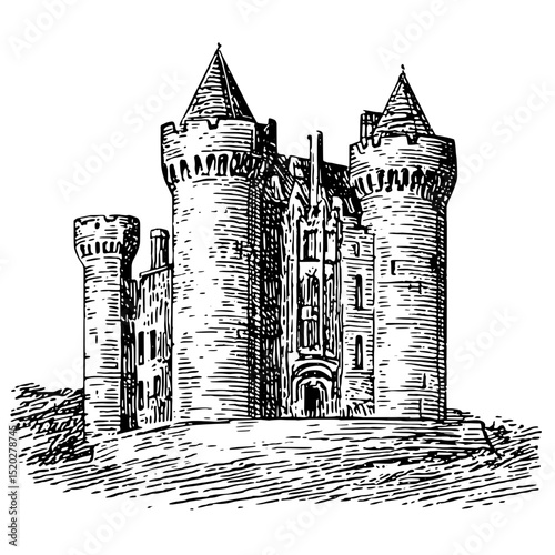 Majestic castle stands with towering spires and intricate engravings, showcasing artistry in vintage design