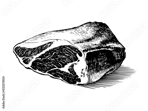 Vintage engraved illustration of a rustic cut of meat showcasing fine details and artistic craftsmanship