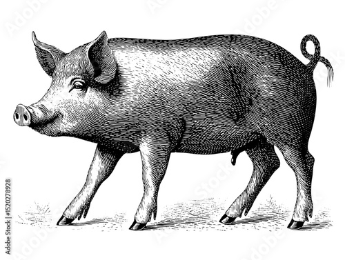 Detailed vintage engraved illustration of a pig showcasing its unique features and expressive demeanor in a classic style