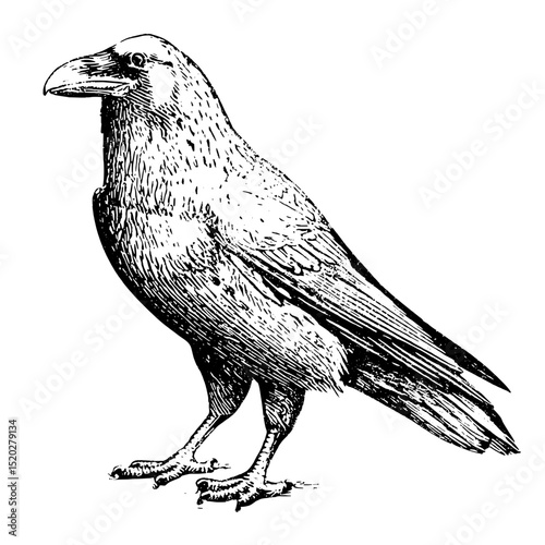 Vintage engraved illustration of a raven showcasing intricate details and classic design elements from a bygone era