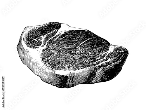 Engraved vintage representation of a beef steak, showcasing intricate details and textures in a classic style