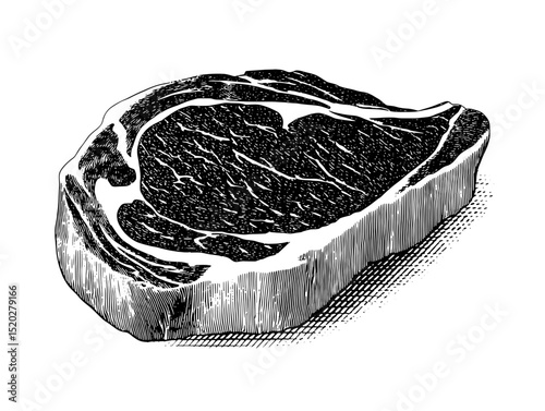 Intricate vintage engraving of a delicious ribeye steak showcasing rich textures and details for culinary enthusiasts