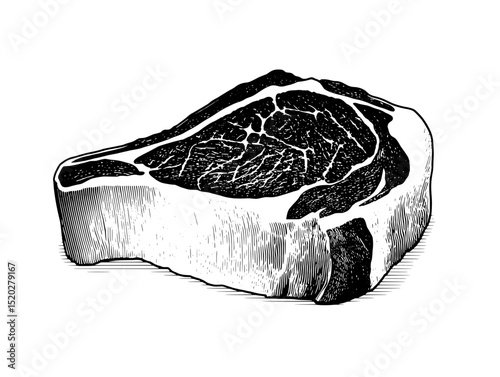 Vintage engraved illustration of a ribeye steak, showcasing intricate details and textures from a classic collection