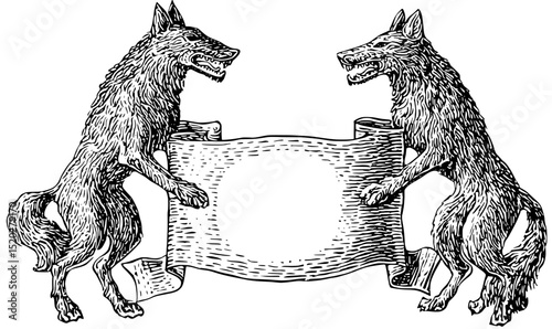 Vintage engraved emblem of two wolves holding a blank banner, perfect for unique designs and trademarks in a classic style