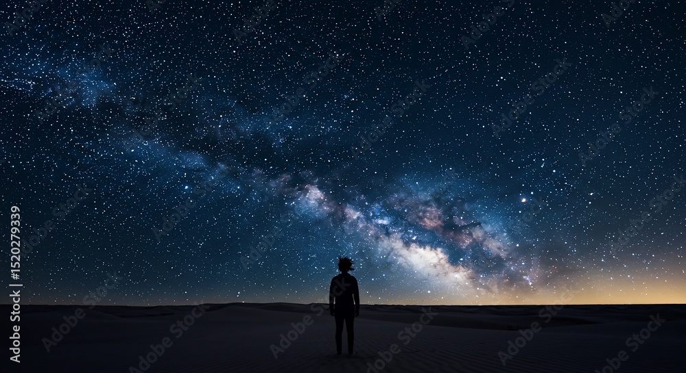 Fototapeta premium A solitary figure silhouetted against a breathtaking Milky Way galaxy stretching across a vast night sky above a desert landscape.