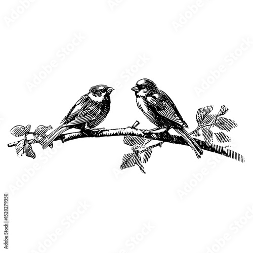 Engraved vintage illustration of two birds perched on a branch surrounded by leaves, showcasing intricate details and craftsmanship