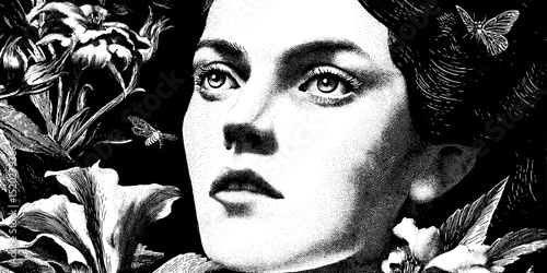 Vintage engraved illustration featuring a woman's face surrounded by floral motifs, evoking a sense of nostalgia and artistic craftsmanship