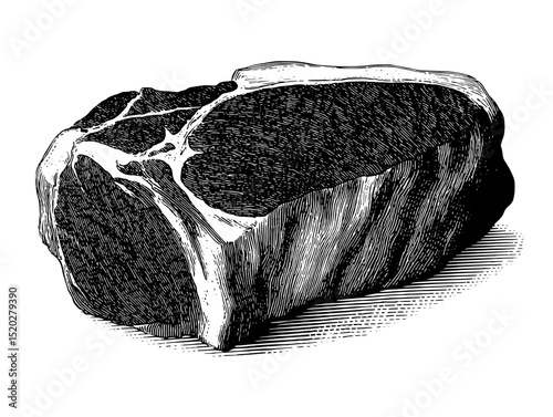Vintage engraved illustration of a prime cut of meat showcasing intricate details of texture and form