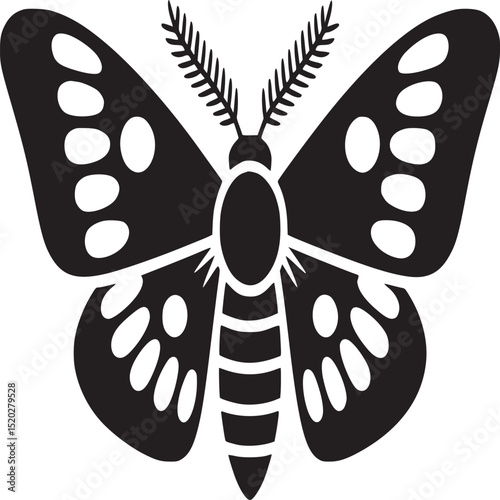 A black and white graphic illustration of a moth with spots on its wings and striped abdomen design
