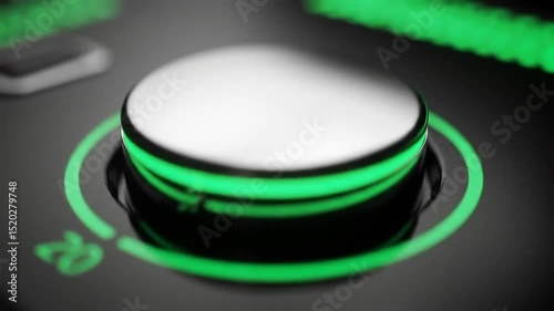 Close up of a black round button with green neon light on a dark surface in studio