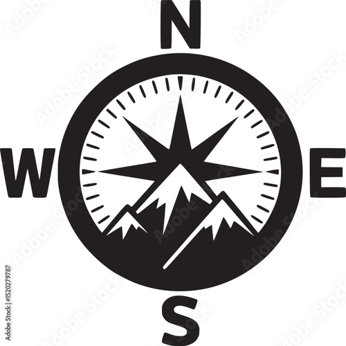 Black and white compass illustration with mountains and cardinal directions on a white background