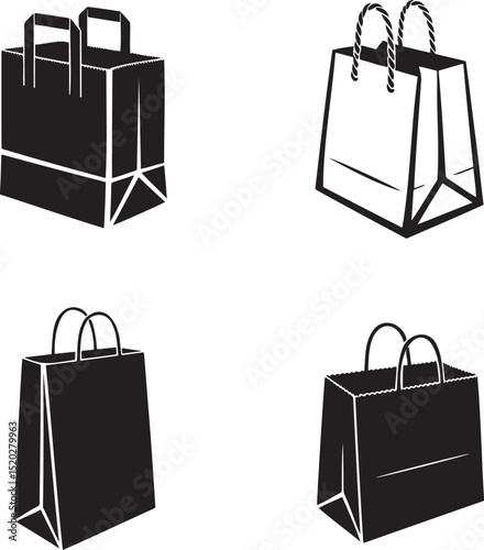 Paper bag silhouette & Outline set vector illustration isolated On Transparent Background