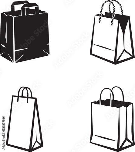 Paper bag silhouette & Outline set vector illustration isolated On Transparent Background