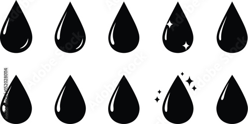 Minimalist illustration of fourteen raindrops in black silhouette on a white background