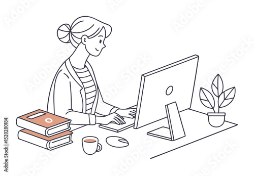 Woman with computer in office. Vector illustration