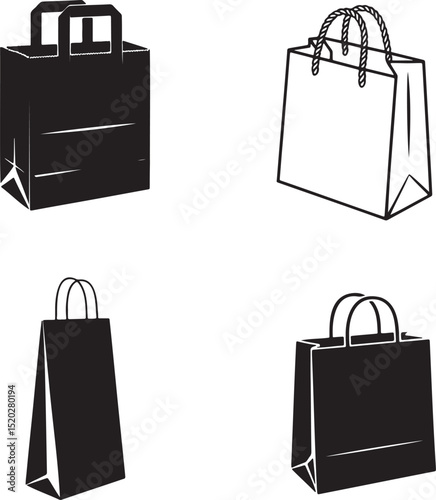 Paper bag silhouette & Outline set vector illustration isolated On Transparent Background