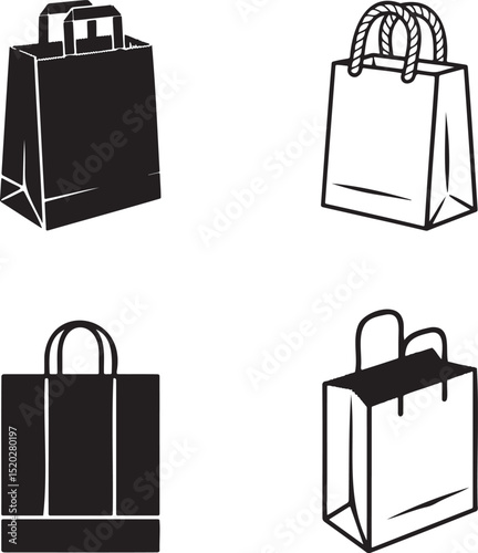 Paper bag silhouette & Outline set vector illustration isolated On Transparent Background