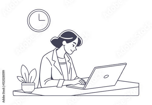 Girl working at computer. Vector illustration