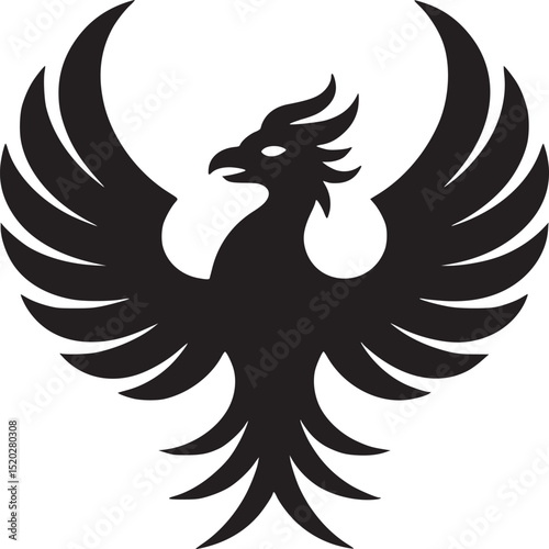 A stylized black phoenix with wings outstretched against a plain white background illustration art