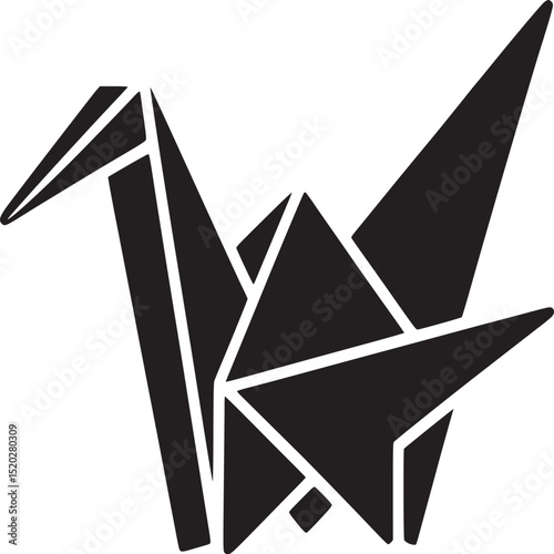 An origami crane in black silhouette with geometric shapes on a white background in a minimalist style